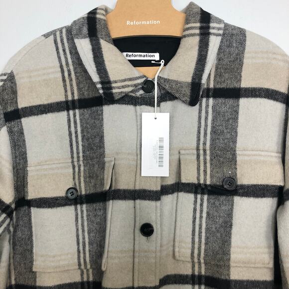 Reformation Ainslie Jacket Black Grey Stripe Plaid Wool Blend Long XL NWT - Picture 3 of 9